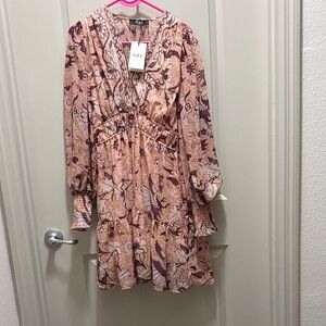 OPT Women's Long Sleeve Floral Dress - Pink and Brown